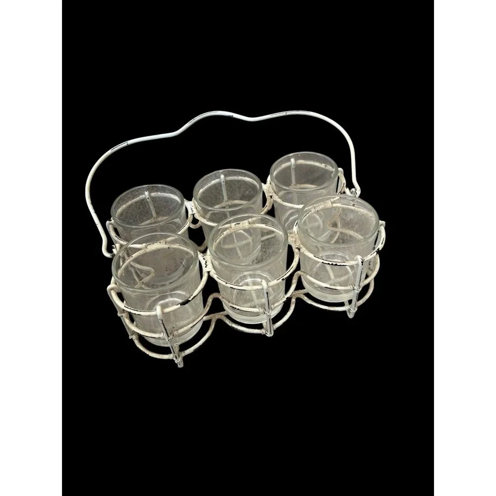 Hallmark Tea Light Holder Candle Votive White Wire 6 Glass Caddy Vintage